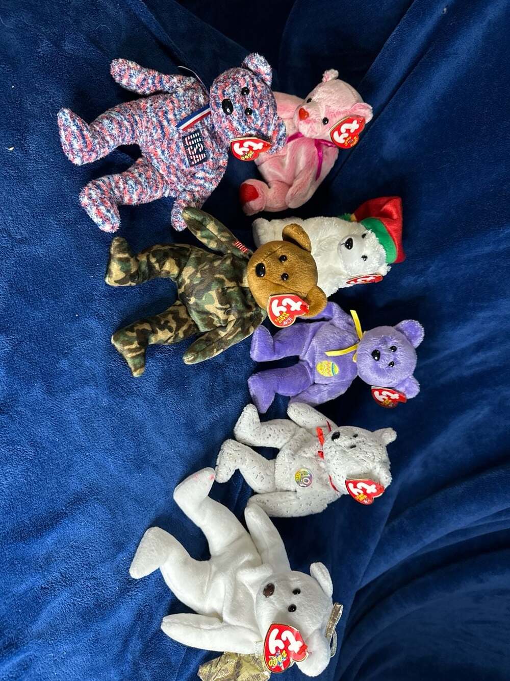 Lot of 7 Ty Beanie Babies Bears: USA, Valentina, 1999 Holiday, Hero, Eggs, Decad